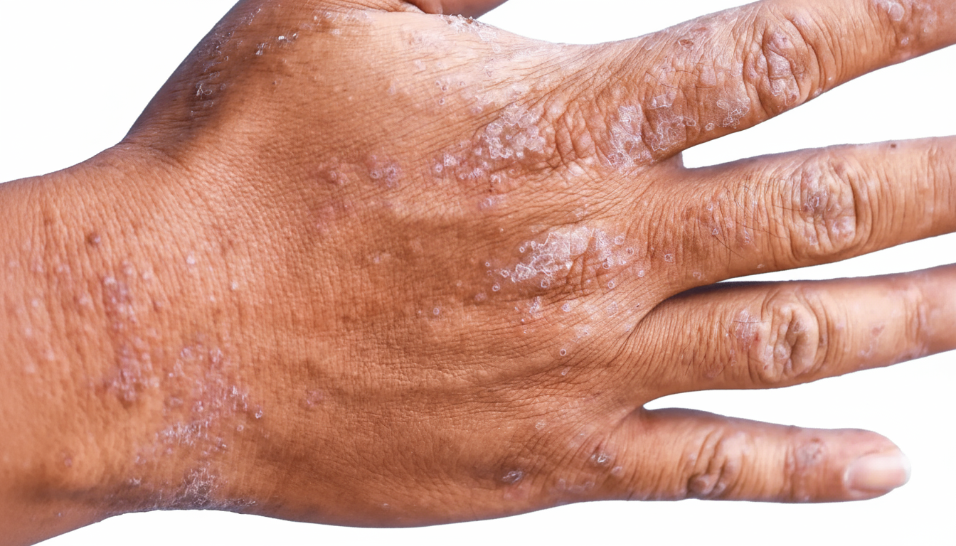 Eczema skin condition on hand showing dry inflamed patches